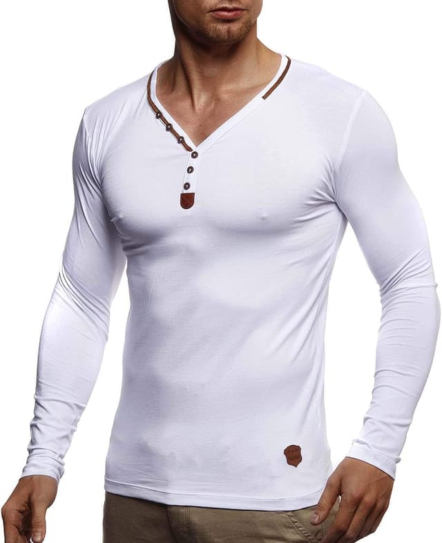 Detalle 2 de Leif Nelson LN1470 : t-shirt manches longues à col en V ajusté en coton pour homme (blanc) – X-Large