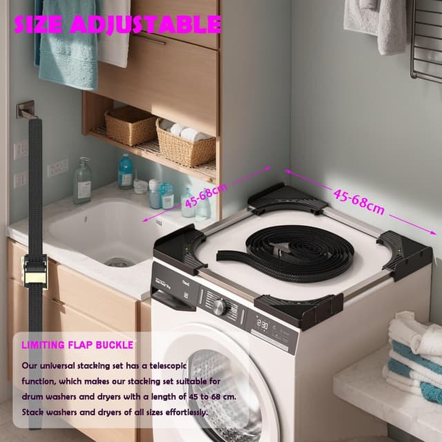 Detalle 2 de Ultrasottile Kit Sovrapposizione Lavatrice & Asciugatrice Universale (45-68 cm) con 4 ganci, anti-vibrazione e installazione senza fori