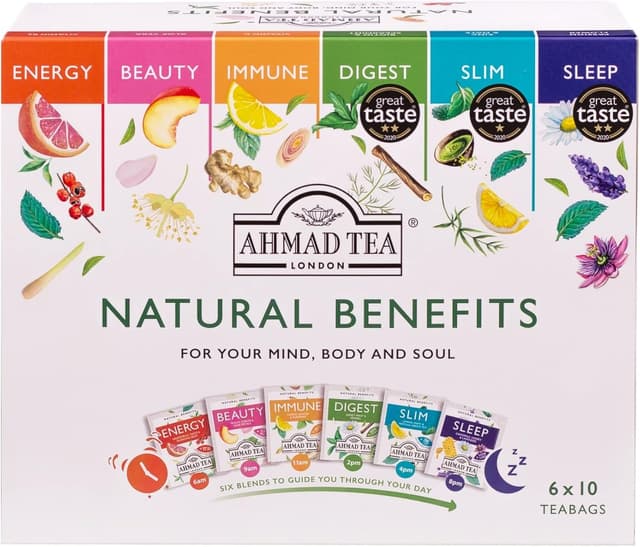 Detalle de Ahmad Tea Natural Benefits – Selezione di tè con sei infusi a base di frutta e erbe