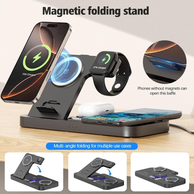 Detalle 2 de YiJYi Dual Phone Wireless Charging Station (30W) with Auto-Switch, Clock & Night Light