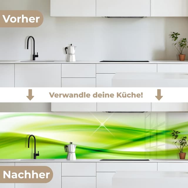 Detalle de KitchenYeah© Rückwand Küche 80x400 cm – selbstklebender Rückwandschutz in Glasoptik (Wellen, Grün)
