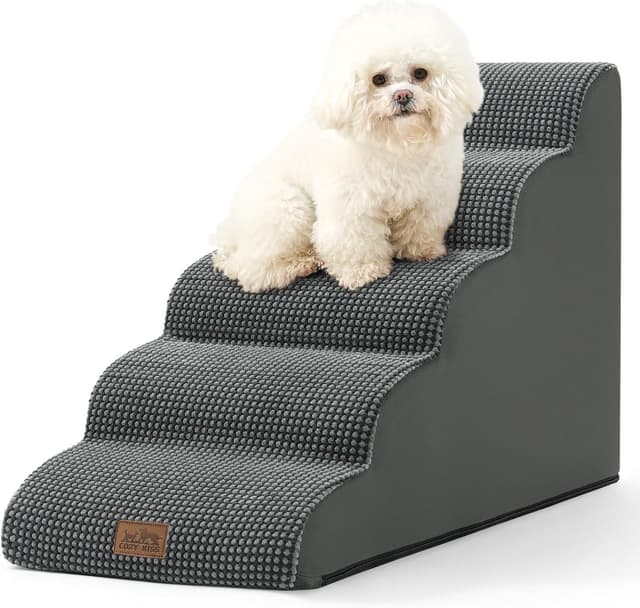 Detalle de COZY KISS Dog Stairs for High Bed (22.6" H) – 5-Tier Small Pet Steps with Leakproof Cover, Dark Grey