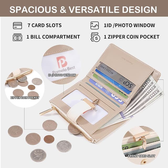 Detalle 2 de Pomelo Best women’s RFID wallet (beige) – vegan leather bi-fold with zip coin pocket & ID window