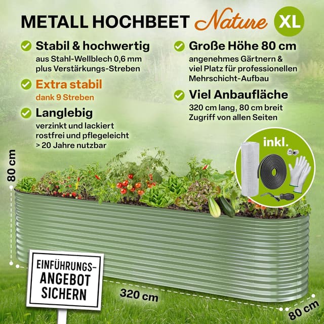 Detalle 2 de TTL GARDEN Nature XL Metall-Hochbeet 320 x 80 x 80 cm (salbei-grün) aus verzinktem & lackiertem Stahl