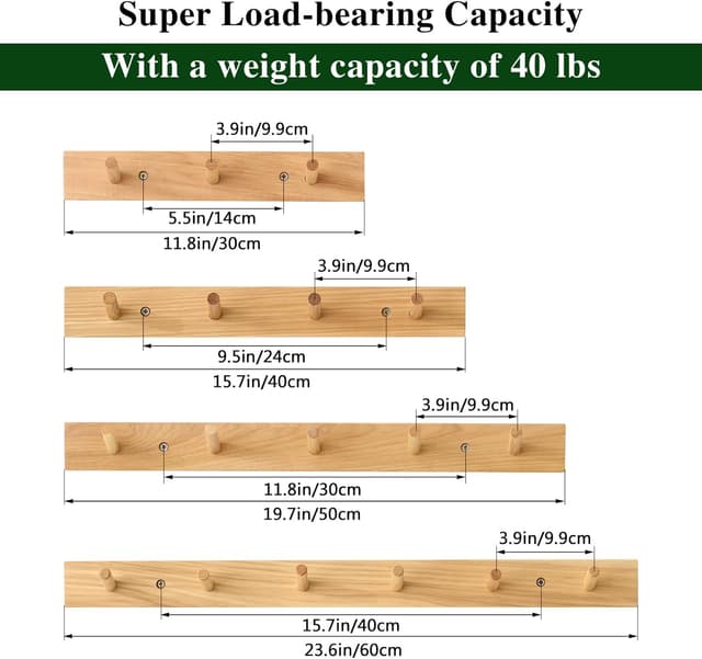Detalle de Treoakwis solid oak wall coat rack with shelf and 4 hooks (15.7 inches / 40 cm)