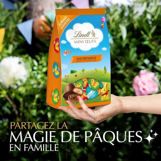 Detalle de Lindt mini œufs Pâques en sachet – assortiment chocolats au lait, pralinés et noirs, 350 g
