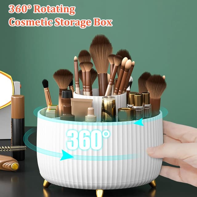 Detalle de Bekeify 360° Rotating Makeup Organiser with 5 Compartments (White ABS) for Brushes, Cosmetics & Small Accessories