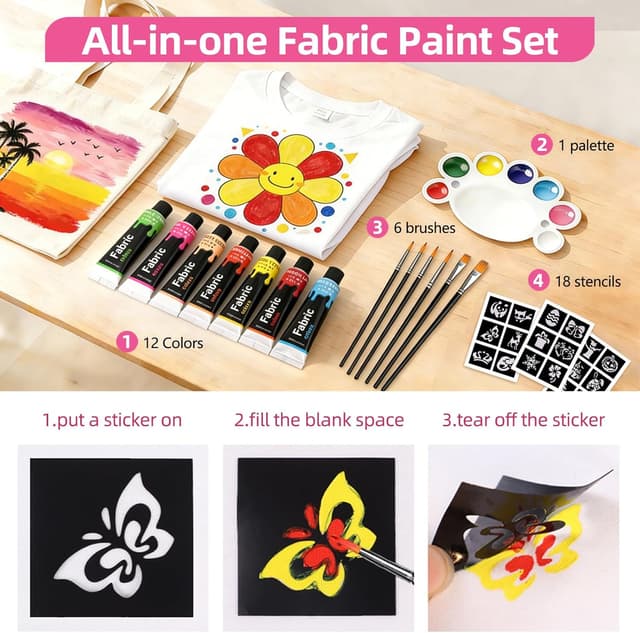 Detalle 2 de Colorful 12-Colour Fabric Paint Set for Clothes, Shoes & Canvas (Permanent, Non-Toxic)