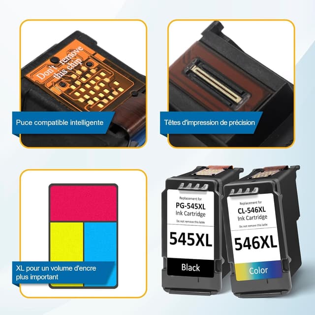 Detalle de Cartouche 545 546 XL (PG-545XL / CL-546XL) de remplacement pour Canon Pixma, noir & tricolore