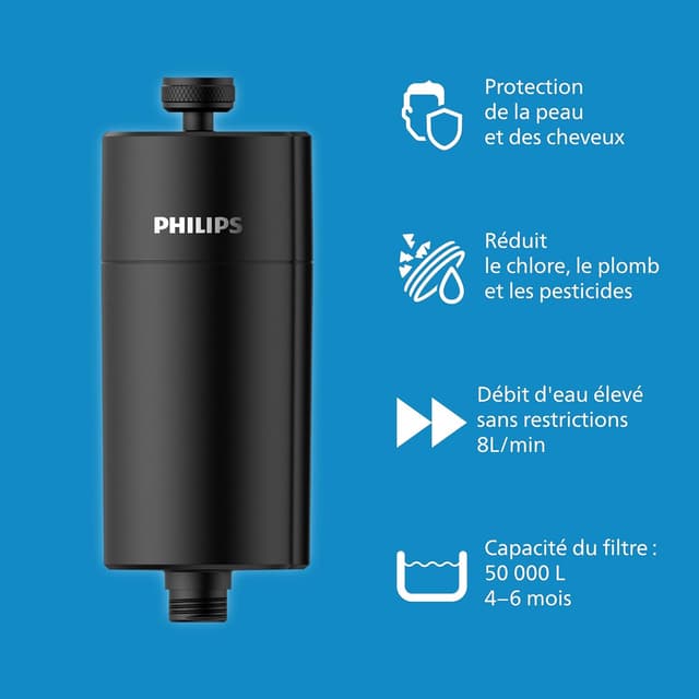 Detalle de Philips Filtre de douche Water 50 000 L noir — réduit le chlore jusqu’à 99%