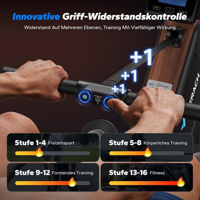 Detalle de MERACH Rudergerät für Zuhause klappbar mit Magnetbremse, 16 Widerstandsstufen & App
