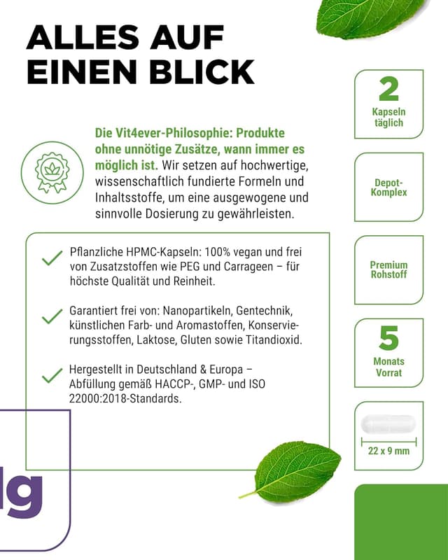Detalle de vit4ever Magnesium Bisglycinat Depot Komplex mit 300 mg pro Tagesdosis – 300 Kapseln (Magnesiumglycinat als organisches Aminosäurechelat)