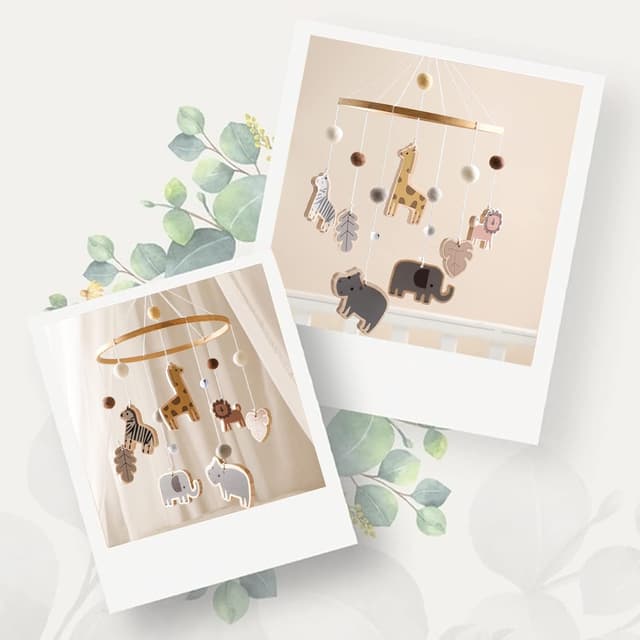 Detalle de Mobile Baby Windspiele mit bunten Safari-Motiven – Bettglocke aus Filz & Naturholz für Kinderzimmer-Deko