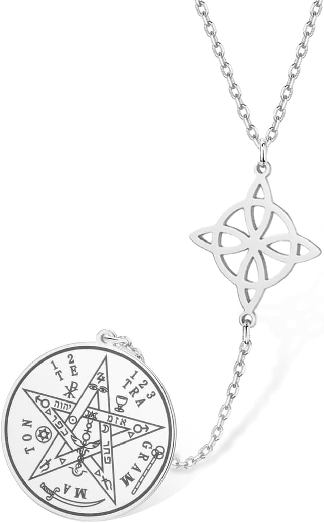 Detalle de VASSAGO Hexenknoten-Halskette aus Edelstahl mit Tetragrammaton & Pentagramm