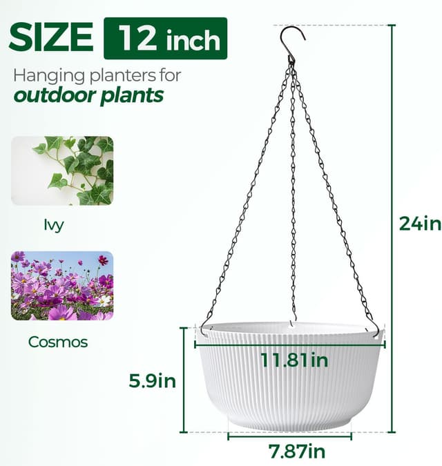 Detalle 2 de T4U set da 2 vasi sospesi da parete da 30 cm (12 pollici) bianchi con foro di drenaggio