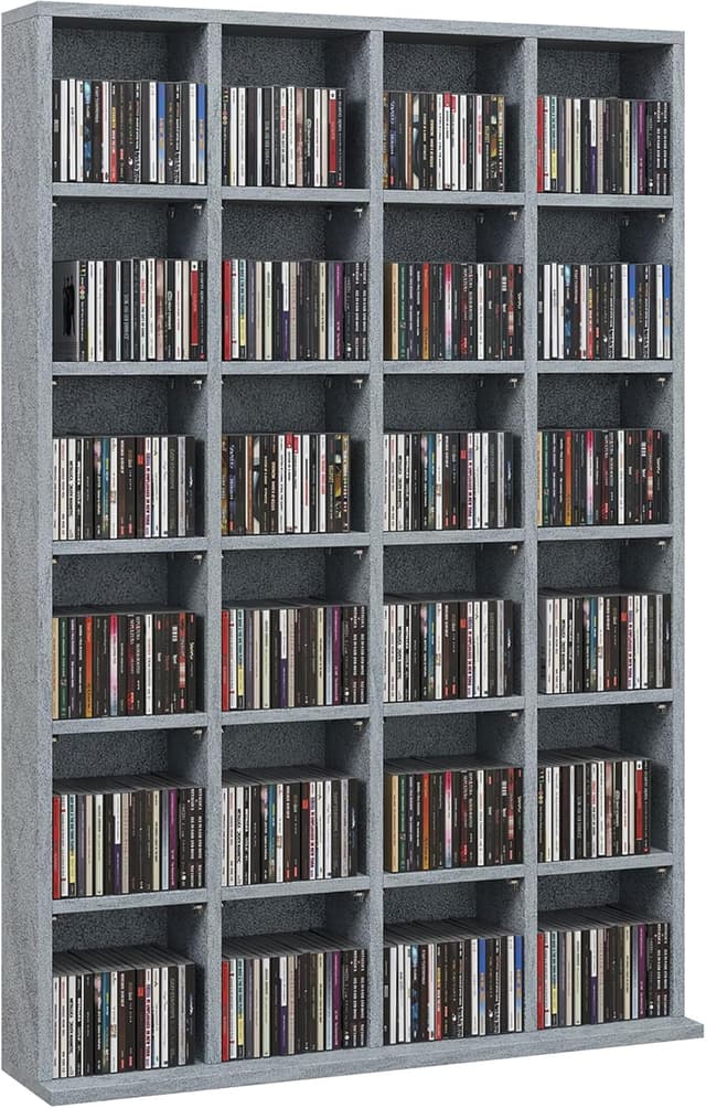 Detalle de HOMCOM Meuble de rangement multimédia pour CD/DVD avec 24 compartiments et étagères réglables, 89 x 20 x 130,5 cm, gris