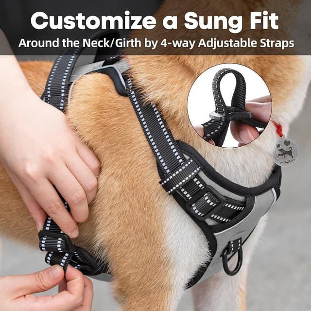 Detalle de PoyPet No Pull Dog Harness (Reflective Vest) with 2 Leash Attachments and Easy Control Handle, Grey