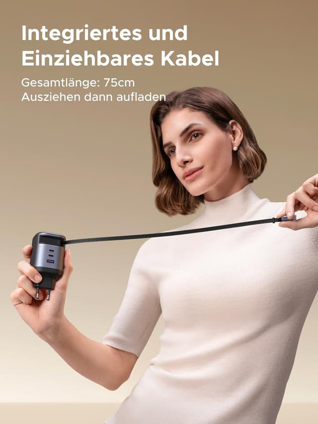 Detalle de UGREEN Nexode 100W USB C Ladegerät mit Einziehkabel