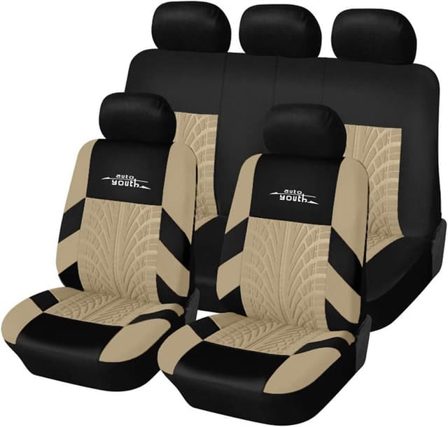 Detalle de AUTOYOUTH Universal Autositzbezüge Komplettset (Beige) – mit Reifenschienen & universellem Sitzschoner-Set