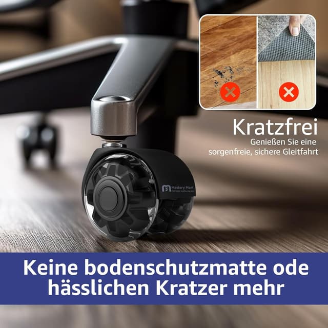 Detalle 2 de Mastery Mart Bürostuhl Rollen 11 mm – leise Gummirollen im 5er Set (schwarz) für Hartböden