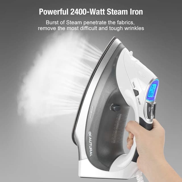 Detalle 2 de Dampfbügeleisen 2400 Watt von BEAUTURAL mit Keramik-Bügelsohle, 340 ml Tank und LCD-Anzeige