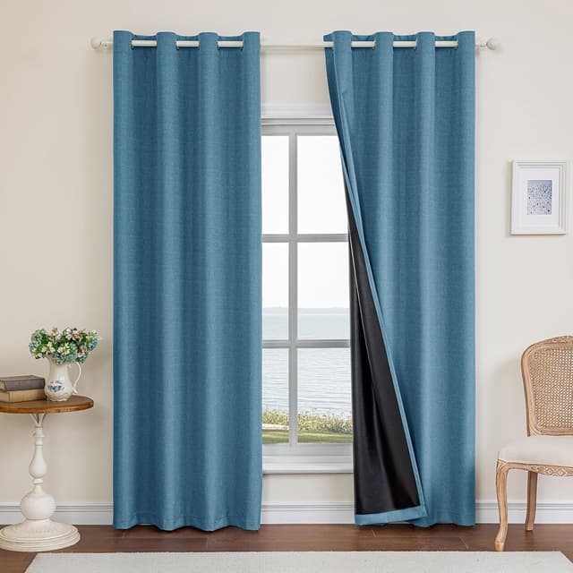 Detalle de Ystyle rideaux occultants 100% Blackout (lot de 2) 140x175 cm effet lin, anti froid, anti chaleur, anti bruit et anti UV – bleu lac