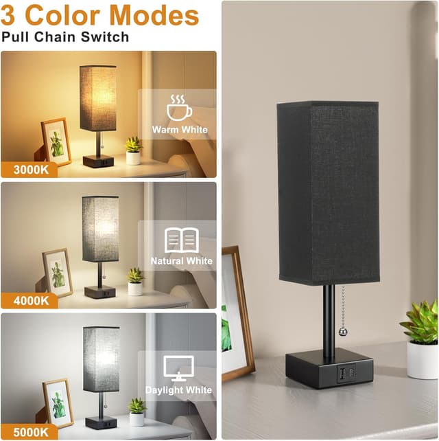 Detalle de Aooshine bedside & table lamp with USB C + USB charging ports, 3 colour modes and pull chain (black fabric shade)