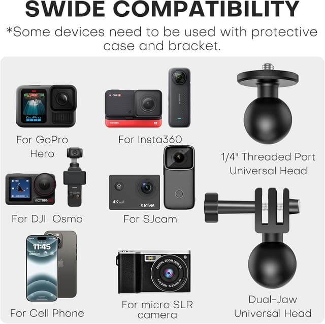 Detalle 2 de Supporto REYGEAK per fotocamera a doppia testa con sfera 360° e vite 1/4, per manubrio bici con doppio artiglio