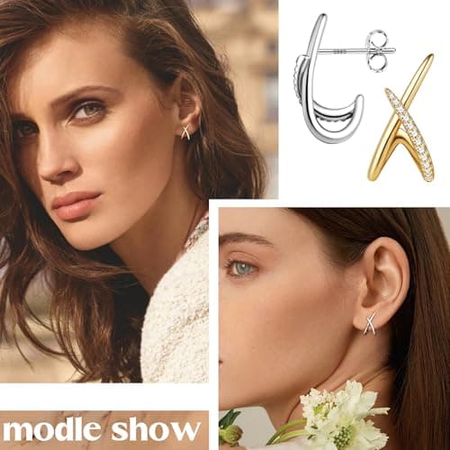 Detalle de Diamday pendientes minimalistas mujer en plata de ley 925 (circonitas) con forma “X” e hipoalergénicos