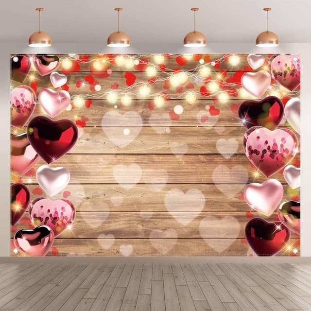 Detalle de Luminora 7x5ft Rustic Wooden Valentine’s Day Fabric Photography Backdrop with Love Heart Balloons & Glitter