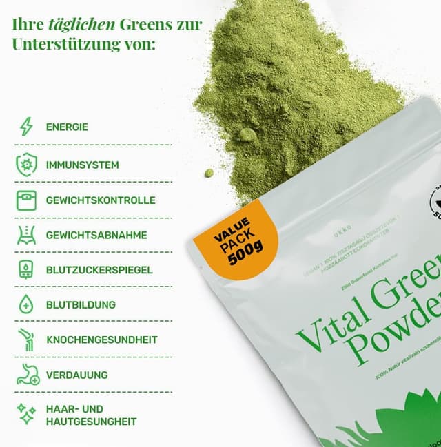 Detalle 2 de UKKO Vital Greens 500 g Superfood-Pulver mit Spirulina, Matcha und Weizengras