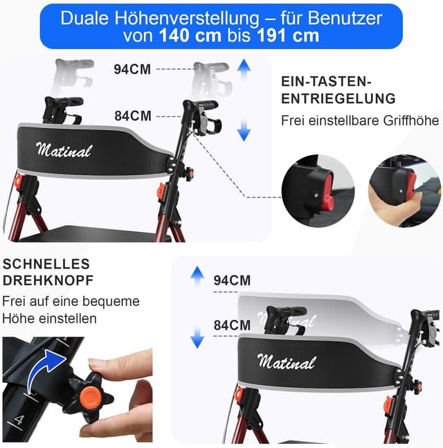 Detalle de Matinal Leichtgewicht Rollator faltbar mit Sitz – bis 160 kg belastbar, 6-fach höhenverstellbar