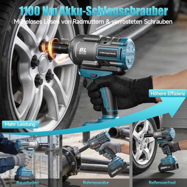 Detalle 2 de Yofuly 1100 Nm Akku-Schlagschrauber 1/2" bürstenlos – mit 2×4000 mAh Akku, 5 Stecknüssen, Verlängerung & Koffer