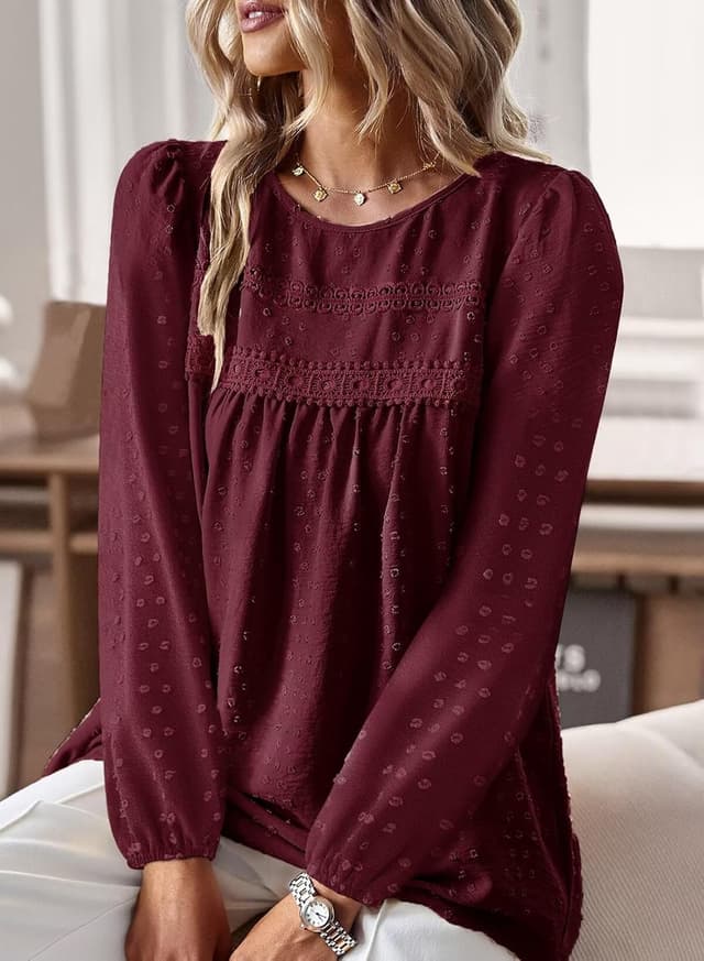 Detalle de TUUHAW Langarmshirt Damen Boho-Tunika mit Rundhals & Häkelapplikation