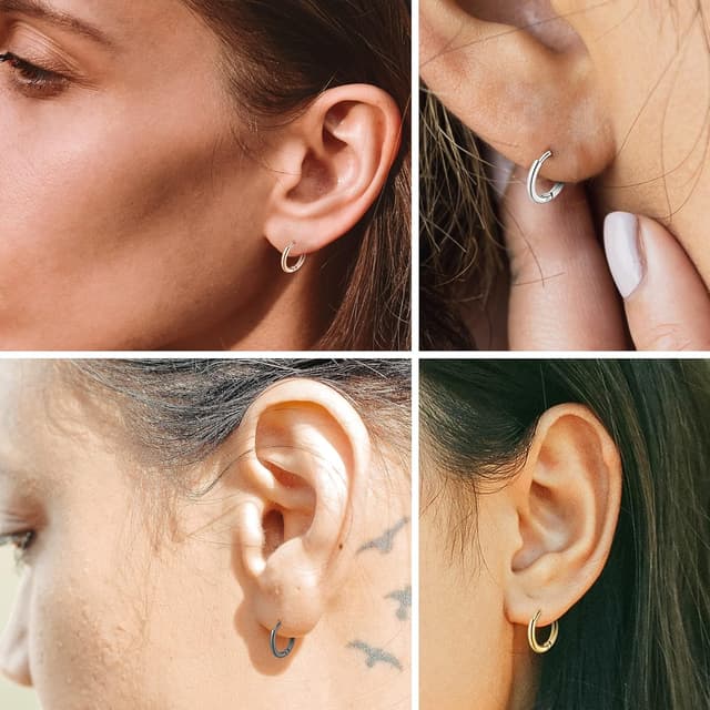 Detalle 2 de PiercingJak Chirurgenstahl Creolen-Set (Huggie Hoop) mit 8 mm Innenmaß – 4 Paar in Schwarz, Silber, Gold & Roségold