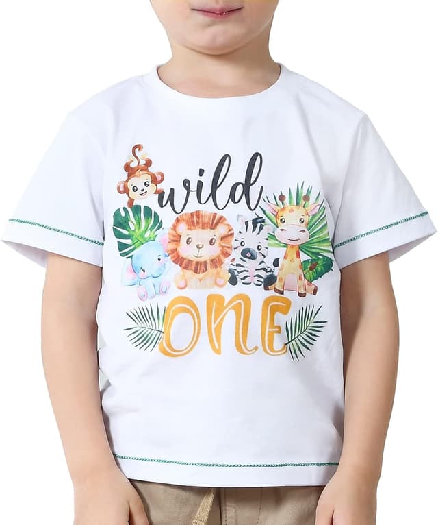 Detalle de Baby Boy 1st Birthday T-Shirt – I’m Wild and 1 Jungle Animals Safari Top Tee