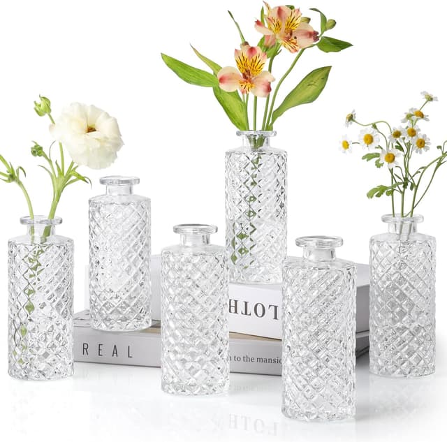 Detalle de Lot de 6 mini vases en verre ComSaf (5 × 13 cm) – vases transparents motif diamant pour fleurs décoratives