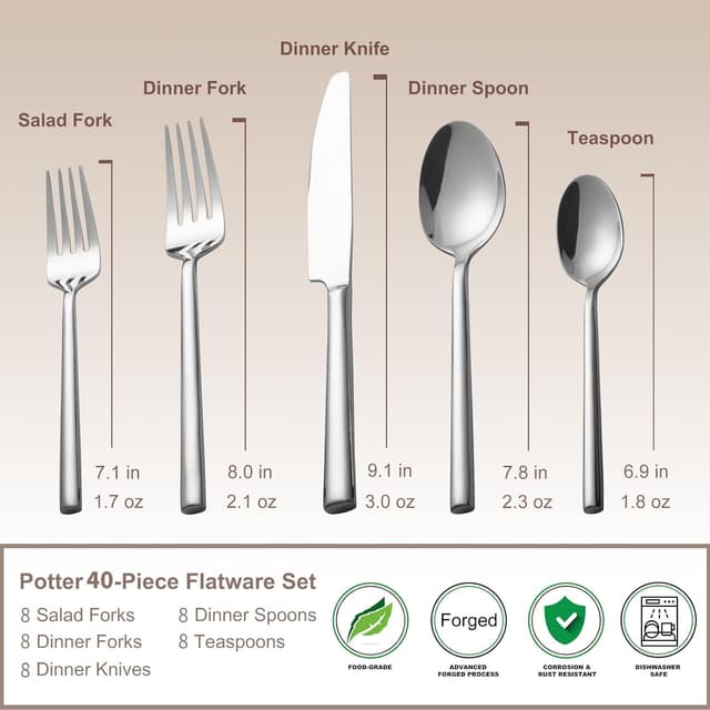 Detalle de Alata Potter 40-Piece Forged Stainless Steel Flatware Set (Service for 8)