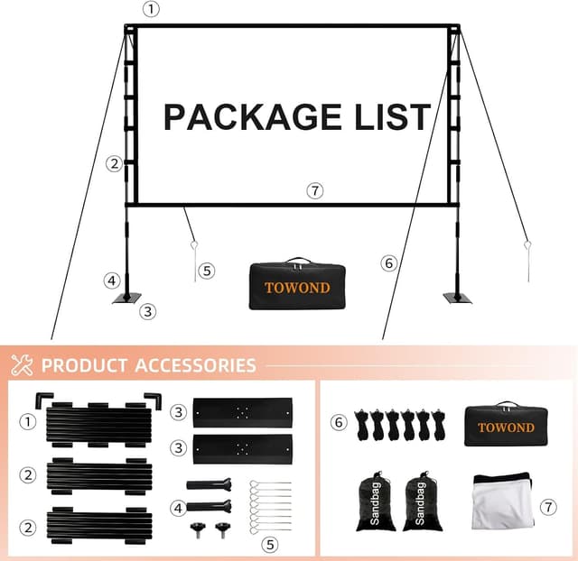 Detalle de TOWOND 120-inch Portable Projector Screen with Stand (16:9, 4K, 4K Front/Rear Projection)