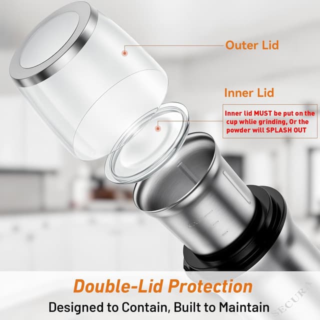 Detalle 2 de Secura Electric Coffee Grinder and Spice Grinder with 2 Stainless Steel Blades and Removable Bowls