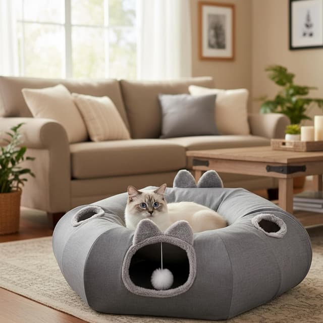 Thumbnail 6 de Odoland Cat Tunnel with Bed (Foldable Linen Donut Tunnel) with Hanging Ball