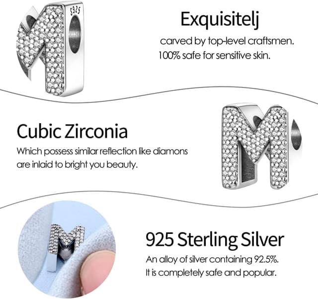 Detalle de TINSLO Charm Anhänger „Buchstabe A–Z“ aus 925 Sterling Silber mit Zirkonia, kompatibel mit europäischen Armbändern