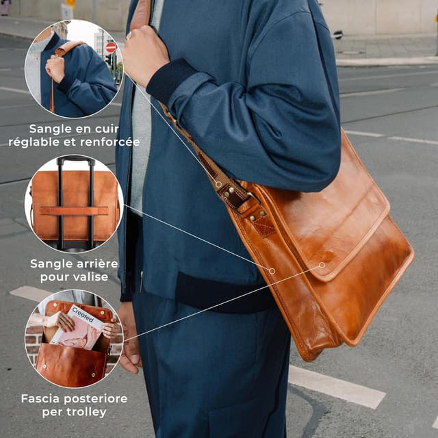 Detalle de Berliner Bags Ghent sac messenger en cuir véritable avec bandoulière réglable et compartiment ordinateur 15 pouces – Marron