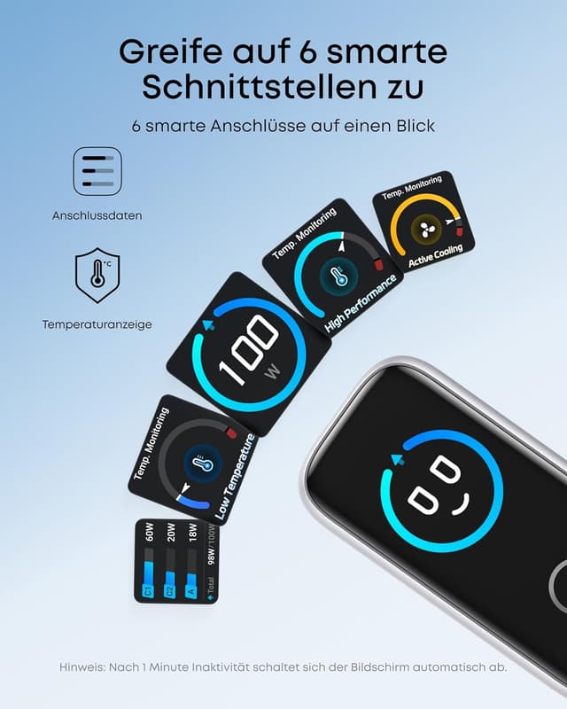 Detalle de Anker 100W USB-C Ladegerät (3 Ports, GaN, Smart Display) – kompaktes GaN-Wandladegerät für MacBook, iPad & iPhone