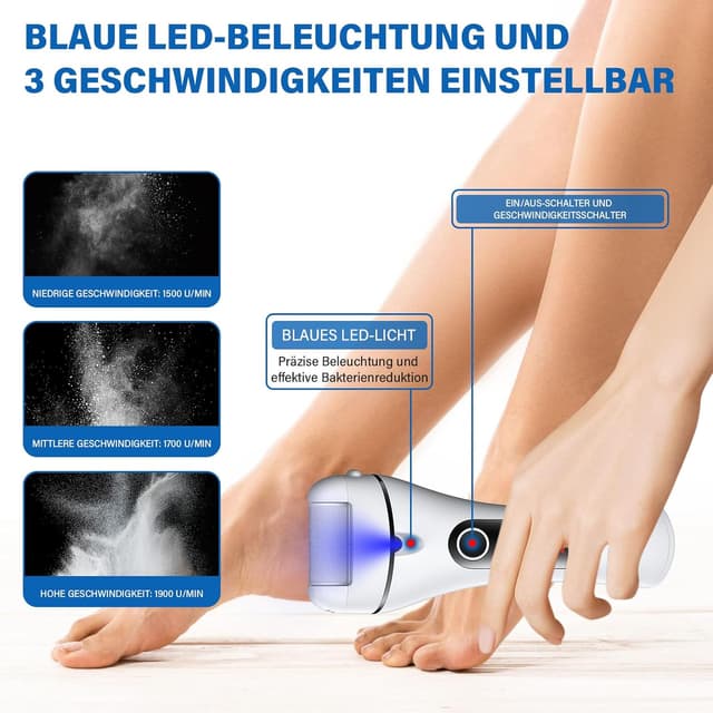 Detalle de Ehomfory elektrischer Hornhautentferner für die Füße mit Arbeitslicht, 3 Gänge und LED-Anzeige