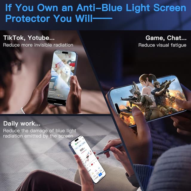 Detalle de Uyiton iPhone 17 Pro Screen Protector (Anti-Blue Light) — 9H Tempered Glass, Full Coverage, 2 Pack