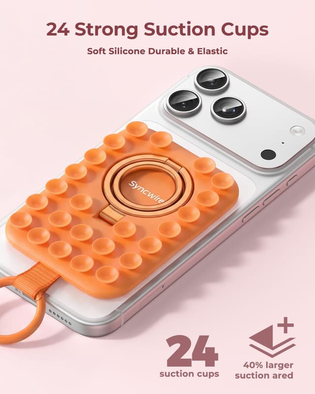 Detalle de Syncwire Magnetic Suction Phone Mount for MagSafe (Orange) with Silicone Octo Cup Grip Ring Holder