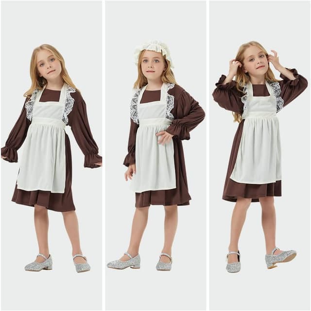 Detalle de Aomig Vestito da Cameriera Bambina in stile medievale (kit da 4 pezzi: abito, grembiule, bonnet e calzini)