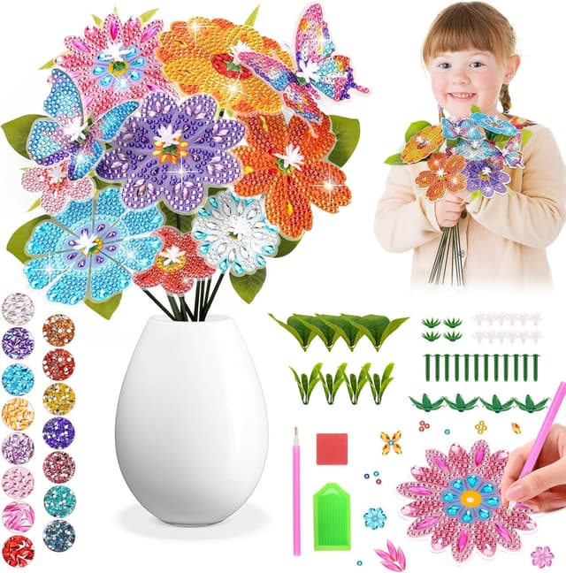 Detalle de Blumen Basteln Mädchen Diamond Painting Set (Blumenstrauß) – Bastelkoffer mit Diamanten und Zubehör