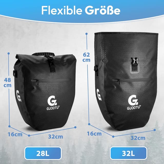 Detalle 2 de GUOOTU 2er-Set Fahrradtaschen für Gepäckträger (56 l) mit Tragegriff, Schultergurt und Reflektoren